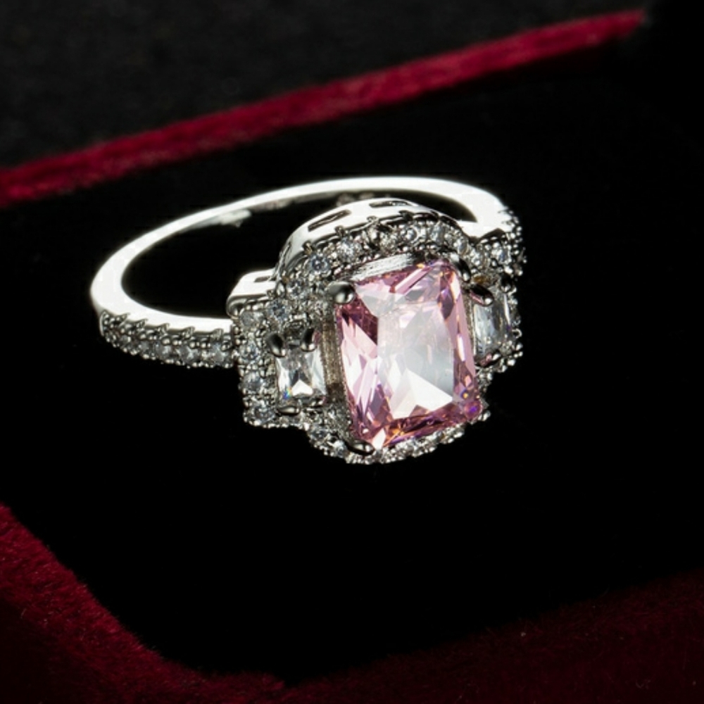 FAIRY TALE 925 BRILLIANT EMERALD-CUT 1.83CT PINK & WHITE TOPAZ QUARTZ RING - Picture 3 of 11